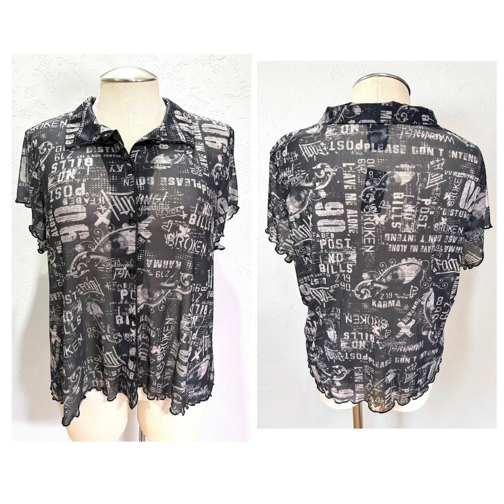 Hot Topic Social Collision Mesh Top Plus Size 5 5X 28 Graffiti Newspaper Sheer